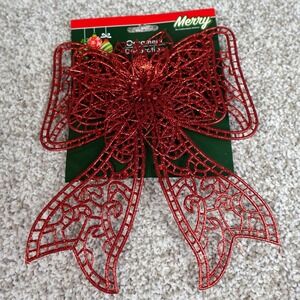 Merry by Christmas House Red Glitter Bow Poinsettia Ornament Clip Decoration